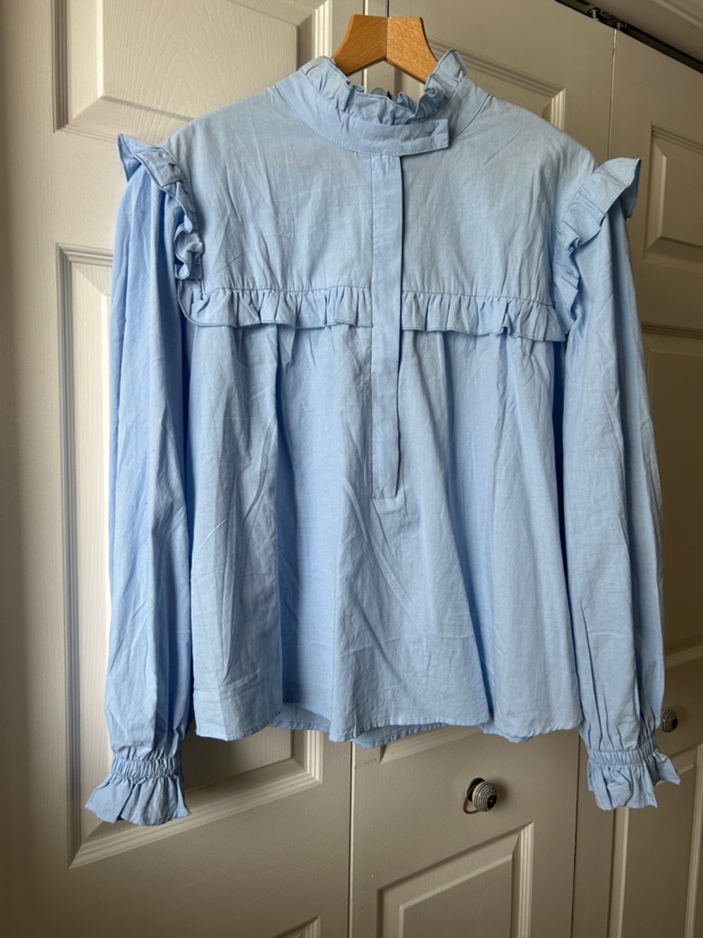 Light Blue Ruffle Yoke Long-Sleeve Top - Women- BNWT